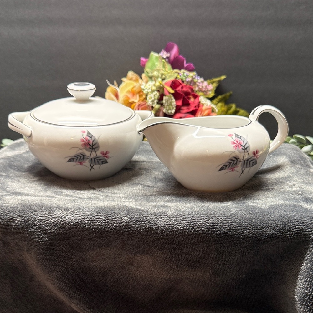 Lyric Narumi White china sugar and creamer. Pink and grey floral